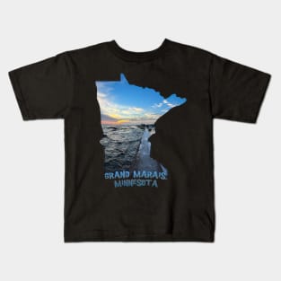 Minnesota State Outline - Grand Marais Sunset Kids T-Shirt